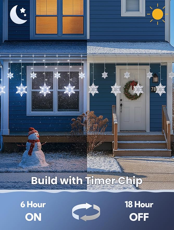 Snowflake Icicle Lights,8.2ft 144LED Curtain Fairy Light with 12 Drops,Connectable 8 Mode Timer Snowflake Christmas Lights Plug in for Bedroom,Window,Wedding,Indoor Outdoor Xmas Decor,White