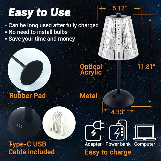 Cordless Table Lamp, 4000mAh Rechargeable Battery Operated Lamp, 3 Color Modes & Stepless Dimmable LED Touch Lamp, Portable Crystal Metal Beside Lamps for Bedroom Restaurant(Black 2 Pack)