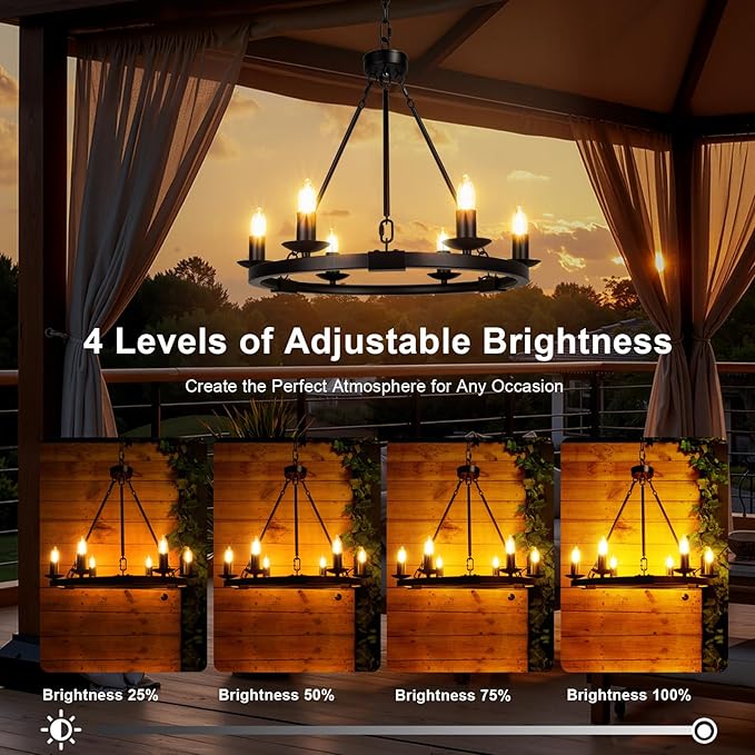 Solar Outdoor Chandelier, 6-Light 19" Chandelier Outdoor Waterproof Dimmable Hanging Pendant Lights, Farmhouse Style for Gazebo, Porch, Patio, Pergola, Decor Lighting