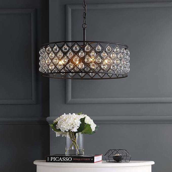 JONATHAN Y 23" Oil Rubbed Bronze Crystal LED Pendant Light, Adjustable Metal Chandelier for Kitchen Island, Entryway, Foyer, Clear Hand-Polished Crystal Shade, LED Bulb (JYL9027A)