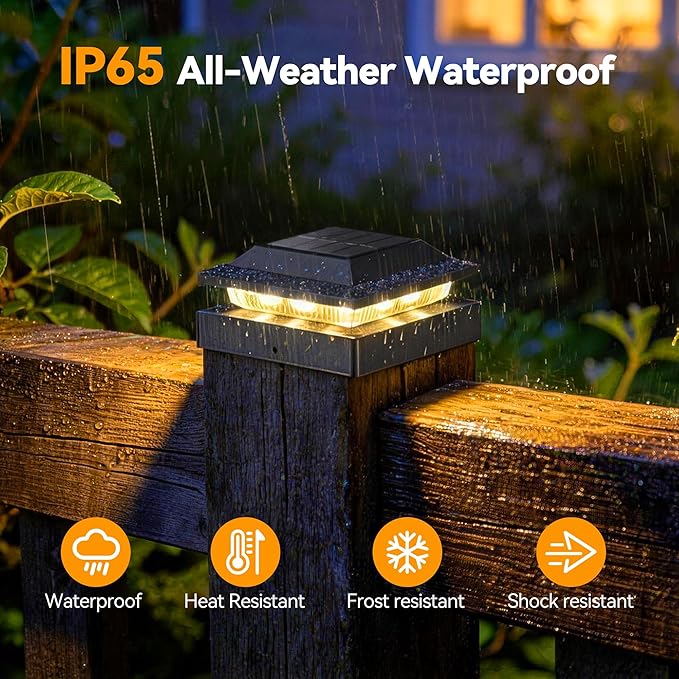 Solar Post Cap Lights 2-Pack, IP65 Waterproof Fence Post Solar Lights for 4x4 Wood/Vinyl Posts, Outdoor Post Lights with 2 Color Modes Decorate Garden Patio Porch Backyard, Black