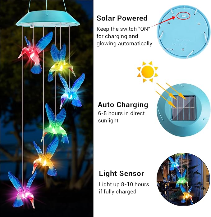 Solar Hummingbird Gift for Mom Grandma Girls, Color Changing Solar Wind Chimes for Outside, Outdoor Decorative Mobile Lights for Garden, Patio, Window, Party Decors, Gift for Women