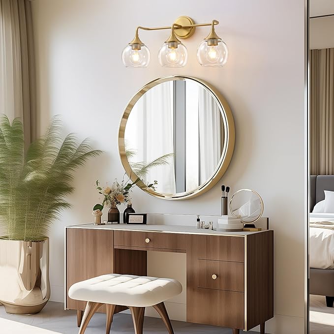 Gold Bathroom Light Fixtures 3 Light Bathroom Vanity Light with Clear Glass Shade, 22 inch Vanity Lighting Fixtures Over Mirror, Vanity Lights Fixture (Exclude E26 Bulb)