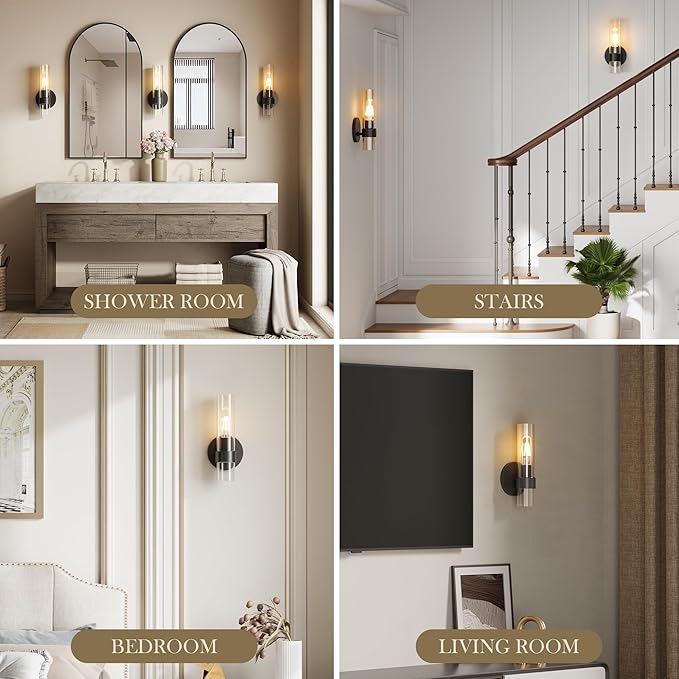 Wall Sconce Set of Two, Hardwired Bathroom Wall Sconces Lighting with Clear Glass, Modern Wall Sconces Set of 2 Wall Light fixtures for Bathroom Mirror Living Room Hallway Bedroom(Black)
