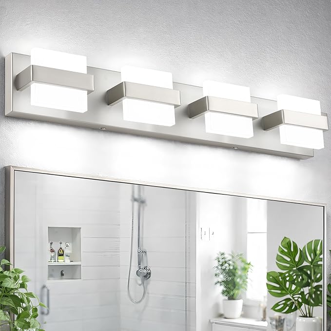SOLFART Brushed Nickel Bathroom Light Fixtures, 4 Lights Bathroom Vanity Light，Dimmable LED Vanity Lights Nickel Vanity Lighting