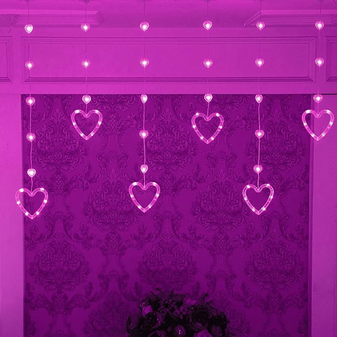YOLIGHT Heart Curtain Lights, 9.8ft Valentine's Day Decoration, USB sLED Hearts String Lights, Light up Heart Hanging Lights for Valentines Mother's Day Room Decor (Pink)