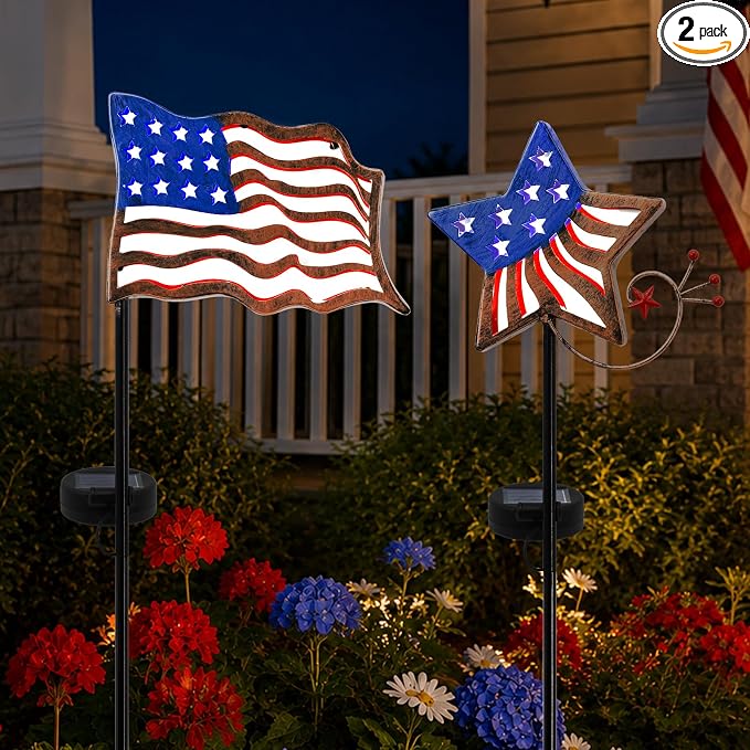 4th of July Decorations Outdoor Solar Lights, Metal American Flag Lights Patriotic Barn Stars Decorative Garden Stakes Light for Independence Day, Memorial Day Veterans Day Yard Path Lawn Decor