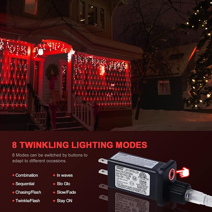 woohaha Outdoor Christmas Net Lights, 9.8FTx6.6FT 192 LED Plug-in Mesh Lights with 8 Lighting Modes, Connectable Light for Bush Christmas Garden Tree Holiday Wedding Party Decor, Red