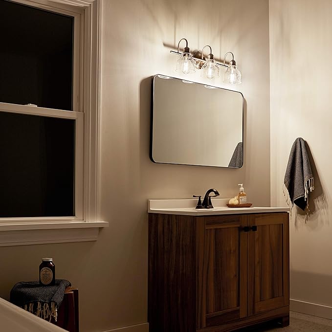 Kichler Avery 24" Vanity Bath Light in Brushed Nickel, Vintage 3-Light Bathroom Wall Mount Fixtured with Clear Seeded Glass, (24" W x 9.25" H), 45973NI