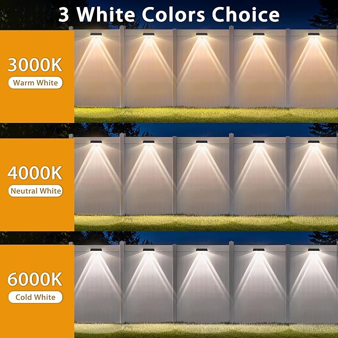 Solar Fence Lights Outdoor, 20-Pack 120LM Fence Lights Solar Powered, IP67 Waterproof Dusk to Dawn Auto On/Off 12+ Hours for Outside/Backyard/Wall/Step/Patio/Deck/Pool (3000K/4000K/6000K White)