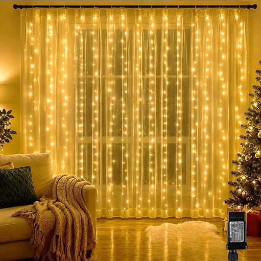 2 Packs LED Curtain String Lights 8FT * 7FT Plug in Waterproof Window Fairy Lights with 210 LEDs, Twinkle Indoor String Light for Bedroom Wedding Party Outdoor Christmas Decor, Warm White