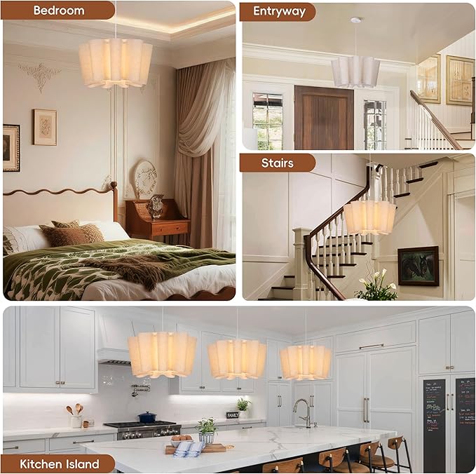Littleglovo 15.7" Pendant Lights Kitchen Island, 1-Light Linen Petal Lampshade Dining Room Light Fixture Modern Chandeliers Hanging Pendant Lighting for Bedroom Nursery Living Room Foyer Entryway