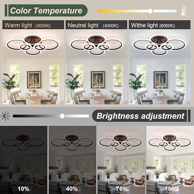 Modern Ceiling Lights 31.8" 68W, Dimmable Kitchen Lighting Fixtures Ceiling, 3000-6500K Light Fixture Ceiling Mount with Remote Control, Black 6 Ring LED Ceiling Light for Bedroom