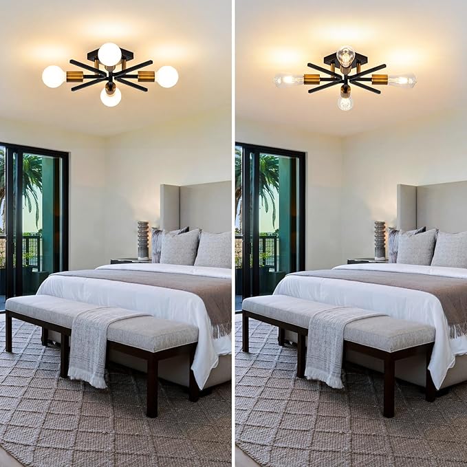 4 Light Sputnik Light Fixture Black Gold Flush Mount Lights Industrial Ceiling Light 2 Pack 19" Modern Farmhouse Ceiling Lights for Kitchen Bedroom Bathroom Foyer Hallway(E26)