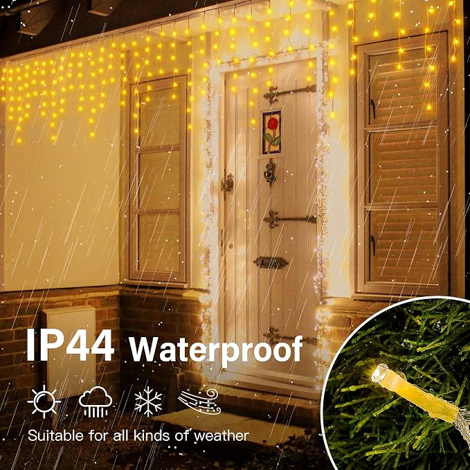 Hopolon 33FT 360 LED Warm White Christmas Icicle Lights, Waterproof Plug in | Outdoor icicle curtain lights with 60 drops, 8 modes, for Christmas, wedding, party, bedroom, garden, wall decor