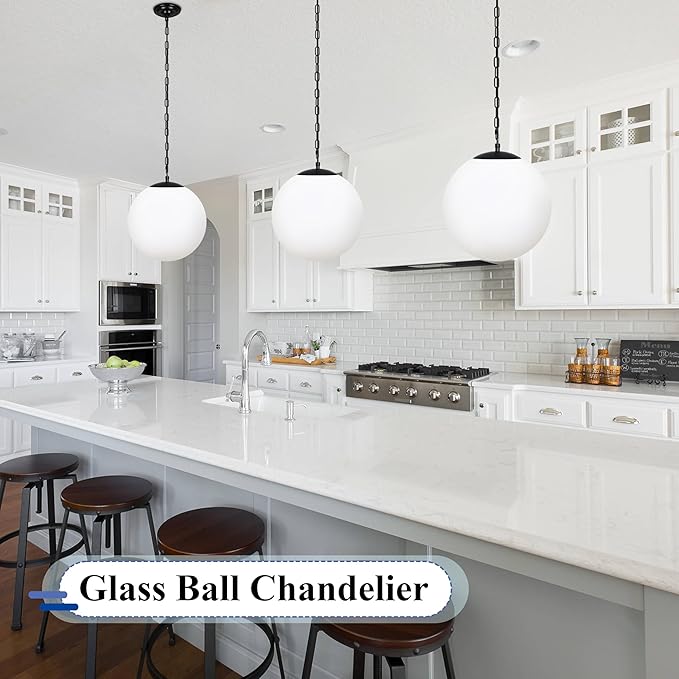KoKo&Yukina 14" Black Globe Pendant Light Mid Century Pendant Light Milk Glass Pendant Lights Kitchen Island Adjustable Hanging Light Fixture for Dining Room Bedroom Kitchen Island