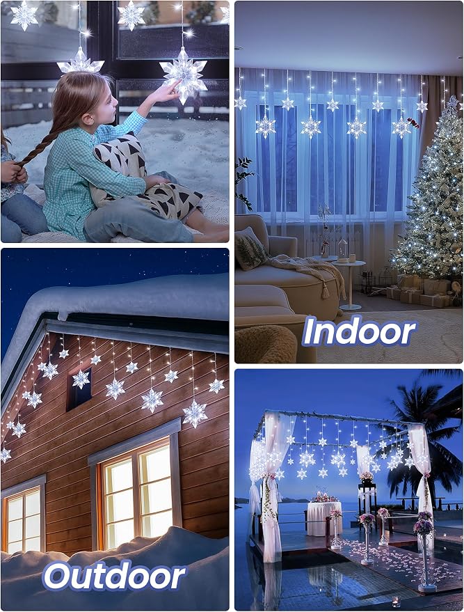 Christmas Snowflake Icicle Lights,8.2 FT 144 LED Snowflake Lights Outdoor with Timer,8 Modes Waterproof Connectable Christmas Light Plug in for Curtain Eave Window Indoor Outdoor Decor(White)