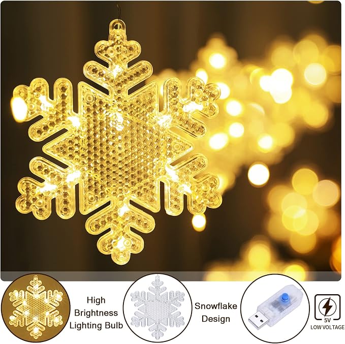 BLOOMWIN Window Lights Christmas Decor 10ft 12 Snowflakes Icicle Lights USB Christmas Curtain Lights for Bedroom Indoor Wall Winter Decorations for Home Church Wedding Birthday, 8 Modes, Warm White