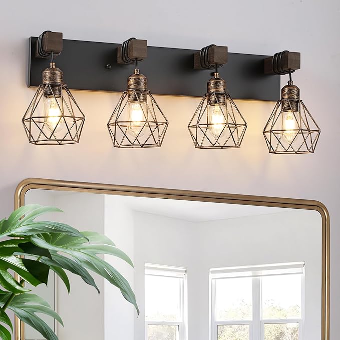 Farmhouse Bathroom Vanity Light Fixtures, 4-Light Black Gold Bathroom Light Fixtures Over Mirror, Rustic Wood Sconces Wall Lighting with Elegant Metal Lampshade for Living Room, Bedroom, Hallway