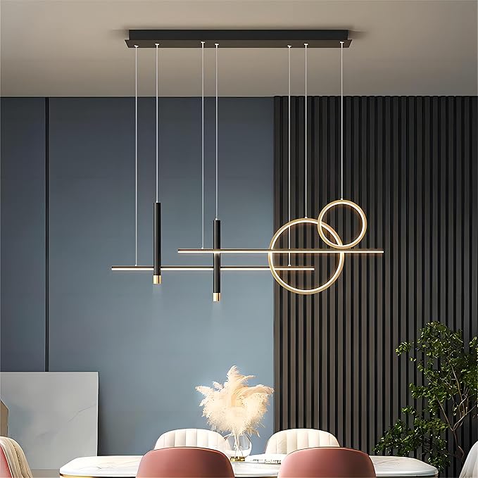 6 Lights LED Island Light, 39.4 Inch Creative Island Light with Remote Control & Infinitely Dimmable Hanging Light, Geometric Linear Pendant Light for Dining Room, Black
