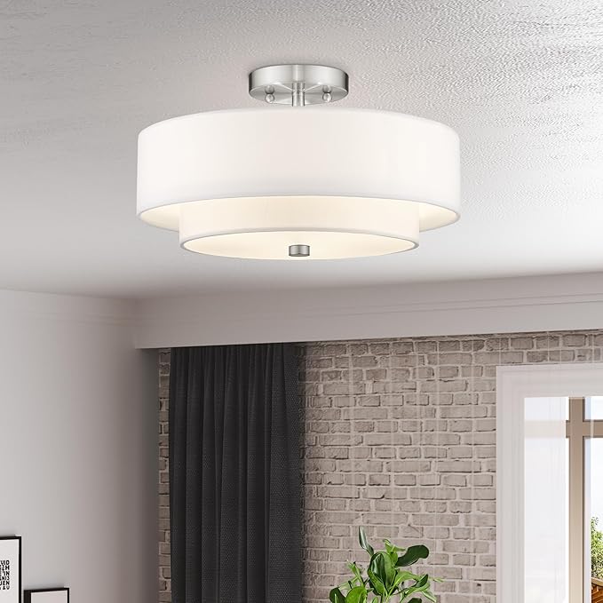 Livex Lighting 51044-91 Brushed Nickel Flush Mount with Off-White Fabric Hardback Shade