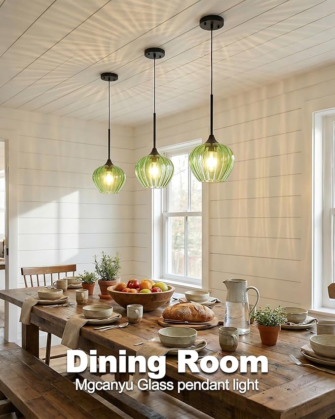 Green Pendant Lights Kitchen Island, 7" Vintage Glass Pendant Lighting Samll Adjustable Hanging Light Fixtures for Kitchen, Dining Room, Sink, Bathroom