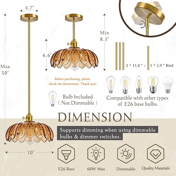 Mid Century Modern Pendant Light 2 Pack Hanging Adjustable Pendant Lights with Brushed Gold Fixture Amber Flower Glass Vintage Chandelier for Kitchen Island Bedroom Dining Room（Bulb Incl.）