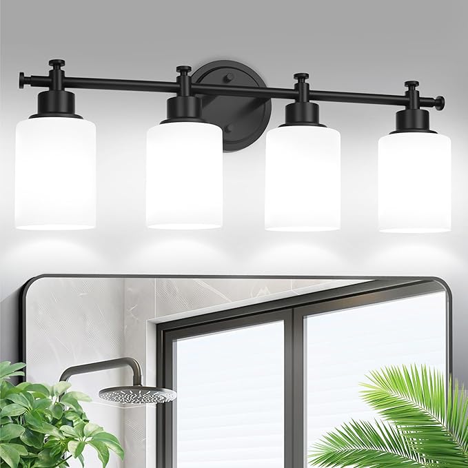 4-Light Bathroom Vanity Light, Black Vanity Lights for Bathroom, Modern Wall Sconce with White Glass Shades, Anti-Rust Vanity Light Fixture over Mirror, 23 Inch (Bulbs Not Included, E26 Base)