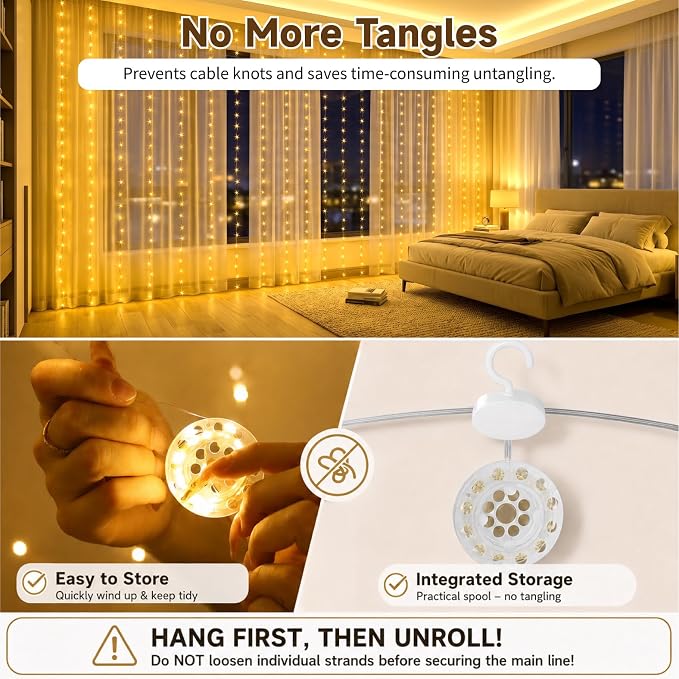 HXWEIYE 300LED Untangled Curtain Lights, 9.8x9.8Ft USB Fairy Twinkle String Lights with Remote and DIY Timer, 8 Modes Window Wall Hanging Light for Bedroom Dorm Backdrop Room Decor, Warm White