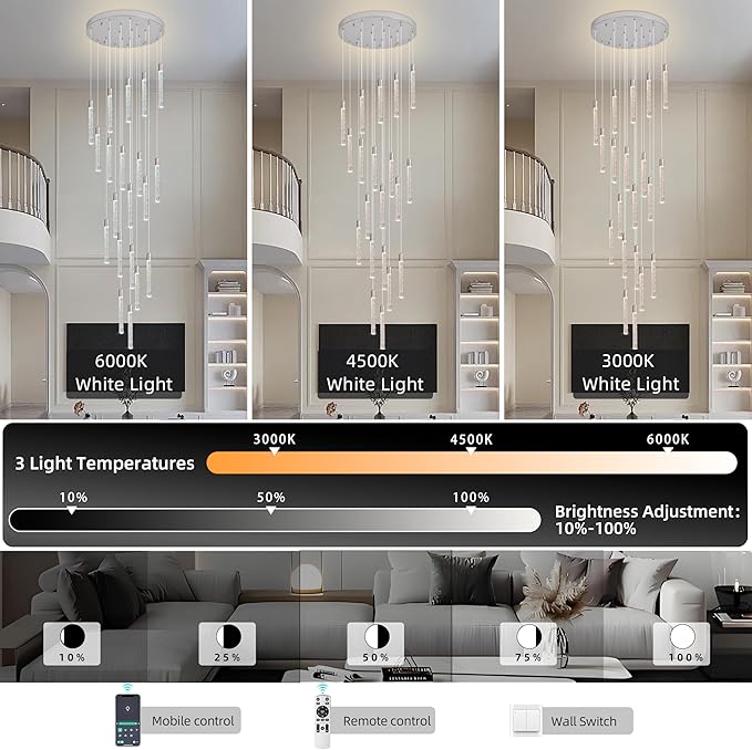20-Light Chrome High Ceiling Chandeliers Modern Crystal Chandeliers for Entryway Long Spiral LED Dimmable Chandelier Flush Mount Ceiling Staircase Foyer Living Room Ceilings Light Fixture