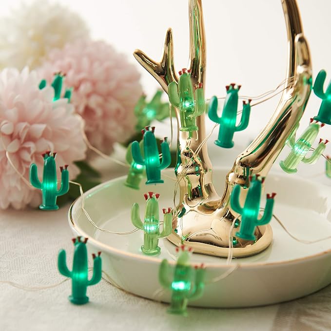 MIYA LIFE Cactus String Lights Battery Operated with Remote Green Acrylic Cactus Lights for Summer Tropical Decor