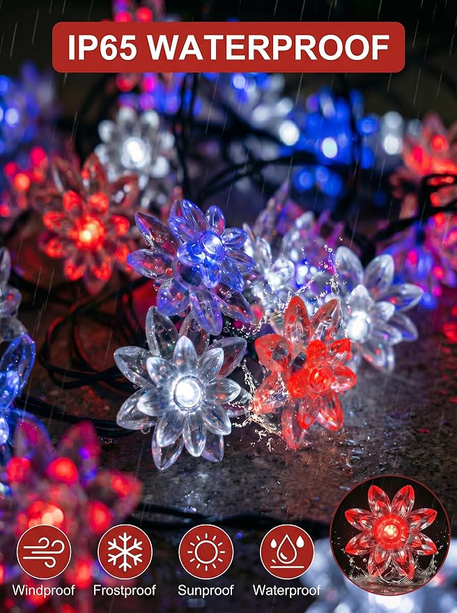 ITICdecor Solar Flower String Lights Outdoor Waterproof 50 LED Solar String Lights for Outside Decorative for Garden Fence Patio Yard Christmas Tree Lawn Party(Red White&Blue)