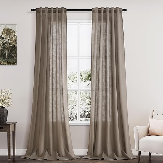 Dark Taupe Linen Curtains 96 Inches Long for Living Room 2 Panels Back Tab Pocket Semi Sheer Privacy Light Filtering Modern Farmhouse Curtains Flax Linen Bedroom Curtain Drapes for Bedroom 40x96