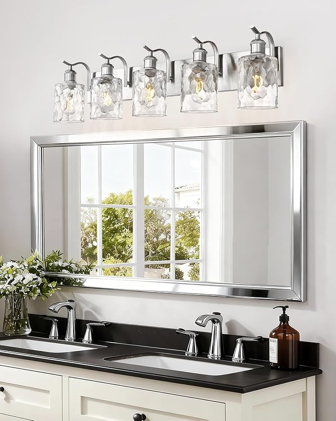 Bathroom Vanity Light Fixtures Over Mirror 5-Light Hammered Glass Wall Mounted Modern Brushed Nickel - VL01BNH-5
