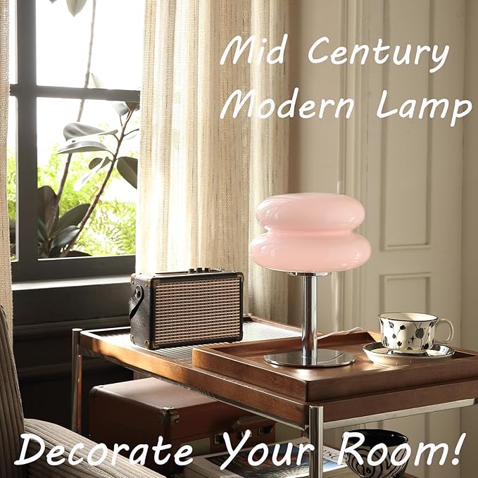 Glivpny Mushroom Lamp Table Lamp for Night Stands,Mid Century Modern Desk Lamps for Bedroom, Vintage Dimmable Bedside Small Lamps, Cute Cool Home Room Aesthetic Decor for Living Room (Pink)