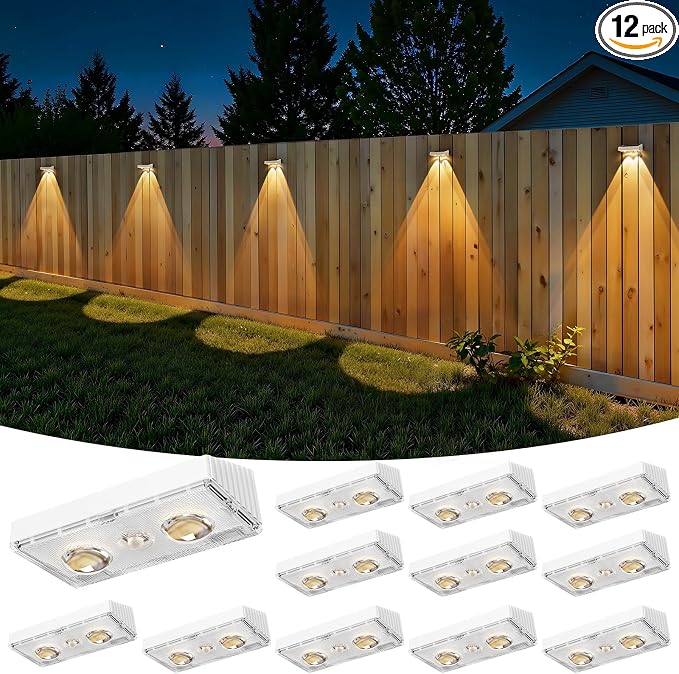 Bridika Solar Fence Lights Outdoor Waterproof, 12 Pack Solar Powered Deck Lights with Bright Lens LED, Warm White, Cool White and RGB Color Glow, Solar Light for Backyard, Wall, Patio & Garden