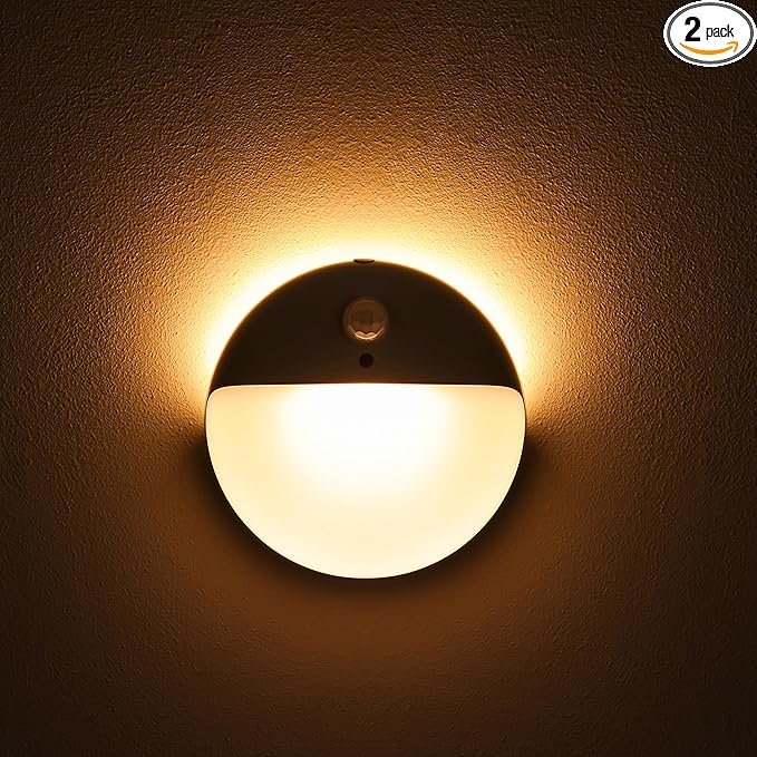 YUNLEX 2 Pack Toliet Lights, 2.6" Small Motion Sensor Battery Night Light, Dimmable LED Nightlight, 3 Light Modes, Stick on Lights for Bathroom, Travel, Stairs, Cabinet, Bedroom, Kids, Warm Yellow