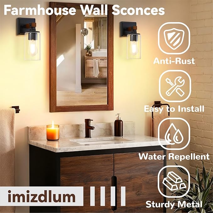 Wall Sconces Set of 2, Farmhouse Rustic Vanity Lights, Dark Brown Wood Grain Rustic Wall Sconce with Clear Glass Shade for Mirror, Bathroom, Bedroom, Hallway, E26, Hardwired(Bulbs Not Included)
