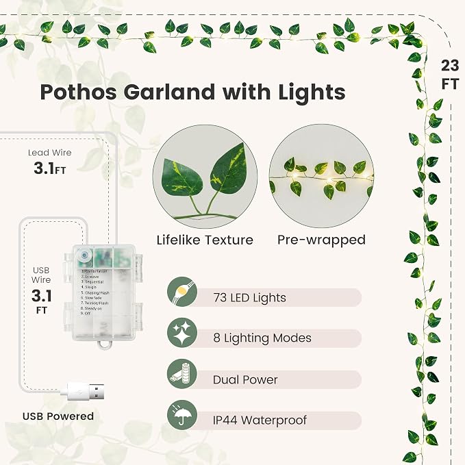 Vine Fairy Lights for Bedroom Wall, 23FT 73 LED Vine String Lights, USB/Battery Powered, Faux Pothos Garland with Light for Dorm Room, Wedding, Party & Home Decor, Warm White