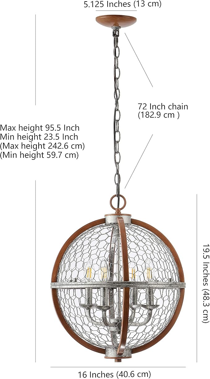 JONATHAN Y 16" Antiqued Silver/Brown 4-Light Iron Pendant Light, Rustic French Country Globe Chicken Wire Chandelier for Kitchen Island, Adjustable Height, LED Bulbs Included JYL7518A