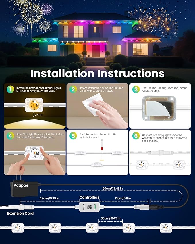 KISUFU 200FT RGB+IC Permanent Outdoor Lights, 24V Year-Round Roof & Eaves Lighting with 221 Modes, App & Remote Control, IP68 Waterproof, Smart Outside Lights for Valentine, Christmas, Holidays