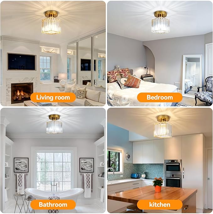 Crystal Ceiling Light Fixture, Modern Semi Flush Mount Ceiling Light with Remote Control, Cube Gold Flush Mount Chandelier for Entryway Kitchen Bedroom Living Room Entryway (Bulb Included)