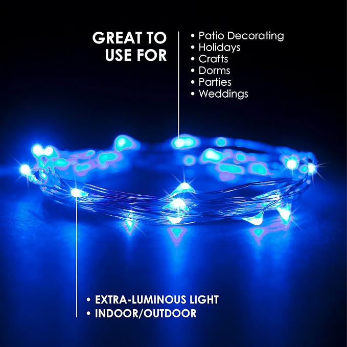 30 LED Wire Twinkle Fairy Lights, Battery Powered, Waterproof — Christmas, Holidays, Halloween, Wedding — Bedroom, Living Room — 9.5 Ft, Blue, Indoor & Outdoor