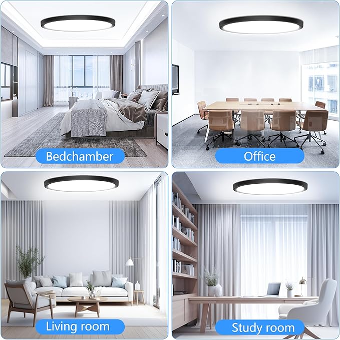 Flush Mount Ceiling Light Fixtures,12inch Flat led Light for Ceiling,6500K 3200LM Ultra Thin Round Black Lamp for Bedroom Kitchen,Bathroom,Garage,Living Room, Dining Room - 4PCS
