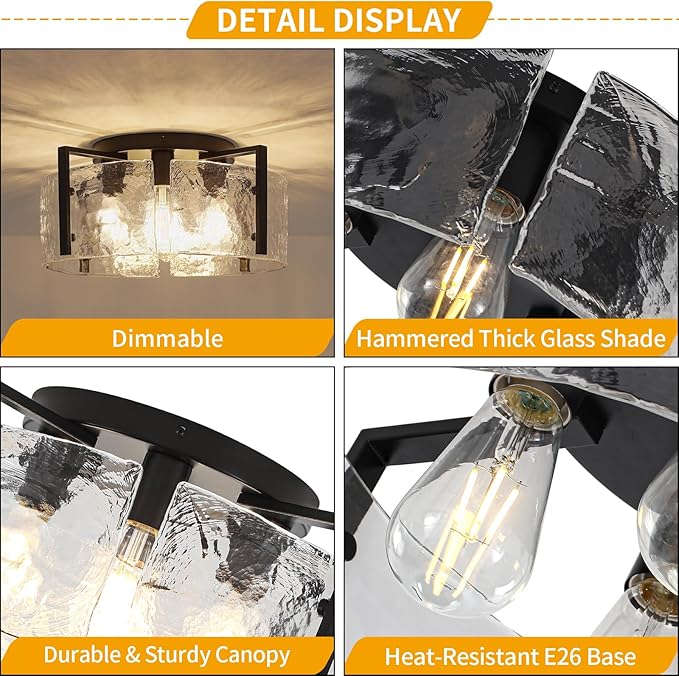 18.5'' Modern Black Semi Flush Mount Ceiling Light, Entryway Light Fixture, 4-Light Glass Ceiling Lights for Hallway Foyer Kitchen Island Dining Room Bedroom Living Room Bathroom Lighting Fixtures