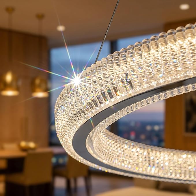 23.6" Modern Ring Crystal Chandelier, Adjustable Height Dining Room Light Fixture Over Table, Hanging Pendant Lights for Kitchen Island Entryway Foyer (Chrome, 23.6" Ring-Crystal)
