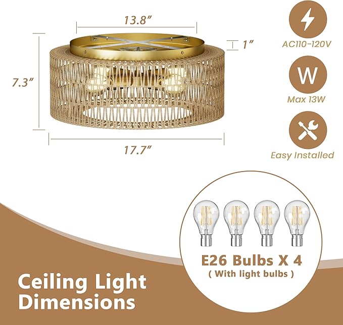 ROOMTEC 17.7" Rattan Flush Mount Ceiling Light, 4-Light Ceiling Fixture with Bulbs Included, Boho Woven Natural Fiber Dining Room Light for Bedroom Living Room Kitchen