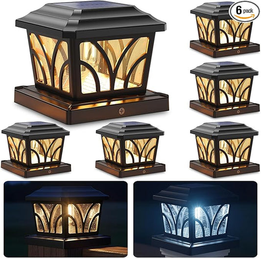 SIEDiNLAR Solar Post Cap Lights Outdoor, Aluminum Glass 2 Modes Edison LED Bulbs for 4x4 5x5 6x6 Vinyl Wooden Posts Deck Fence Patio Decor, Warm White/Cool White Lighting 6 Pack (Black)
