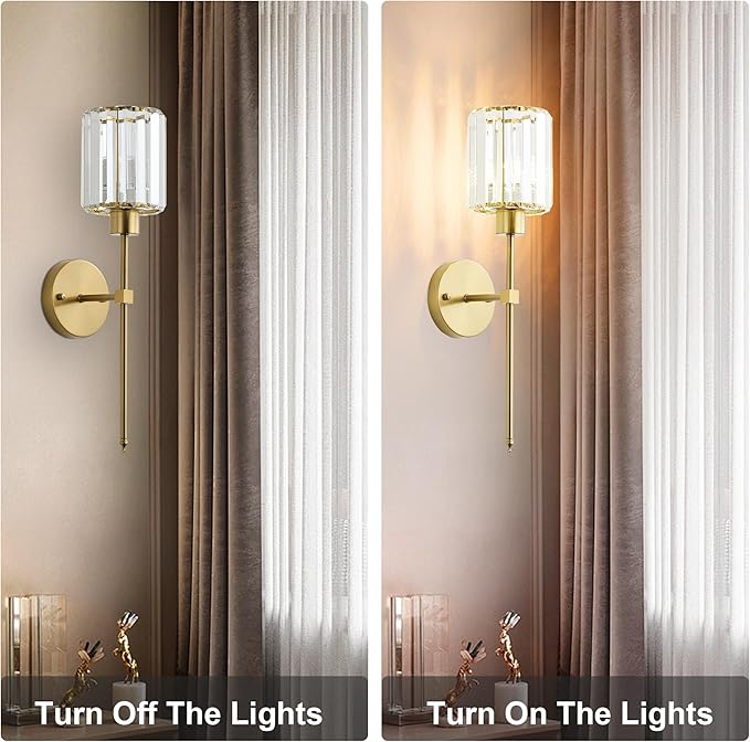 KARTOOSH Hardwired Crystal Wall Sconces Set of Two - Dimmable Wall Light Fixtures 3000K, Warm White, for Hallway, Bathroom, Living Room, Bedroom, Brass, 20.1 Inch