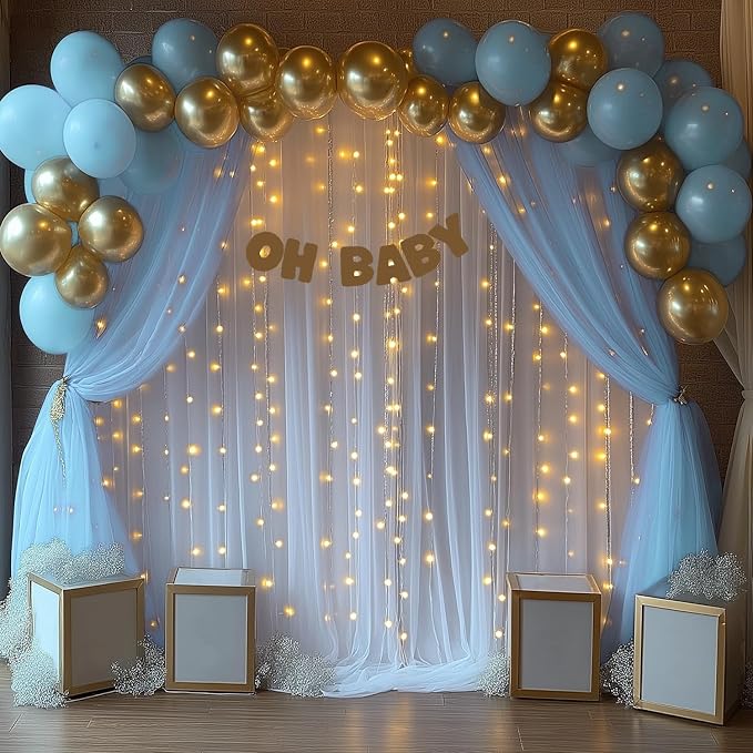 Baby Blue Tulle Backdrop Curtain with Lights String 10x8ft Sheer Drapes for Baby Shower Decorations for Boy, Bridal Shower, Photo Booth, Birthday Party Decor(2 Panels)
